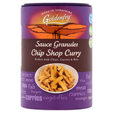 A 160g canister of Goldenfry Chip Shop Curry Sauce Granules, ideal for chips, curries, and rice. The packaging features curry sauce over chips.